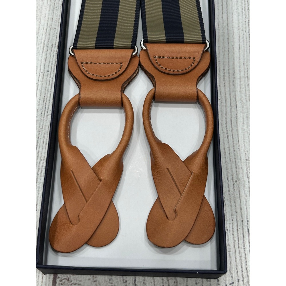 NEW‎ Brooks Brothers Suspenders Braces Navy Tan Stripe Nylon Leather Adjustable - Picture 2 of 6